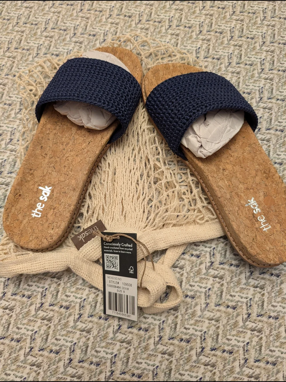 NWT The Sak Navy Crochet Slides With Cork Footbed